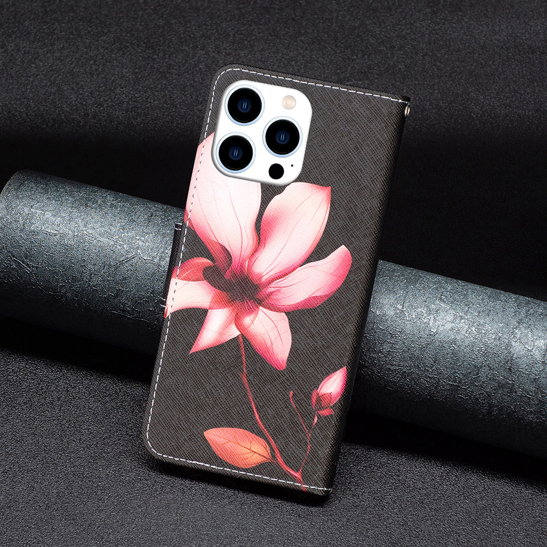 PU Leather Stand Wallet Case for iPhone 15 Pro , Pattern Printing Full Protection Phone Cover - Pink Flower PU Leather Stand Wallet Case for iPhone 15 Pro , Pattern Printing Full Protection Phone Cover - Pink Flower